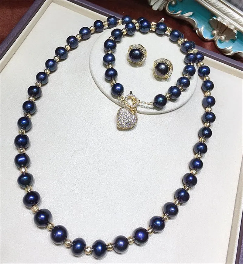 Kolczyki Naszyjnik Luksusowy naturalny 10-11 mm czarna perła bransoletka złota koralik mieszanka biżuteria Zestaw serca