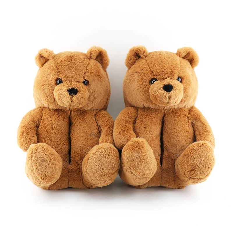 Tendência de inverno urso ursinho de pelúcia fofa ladeiras de pelúcia fofas de Natal meninas de presentes confusos sapatos de quarto de quarto slides y0902