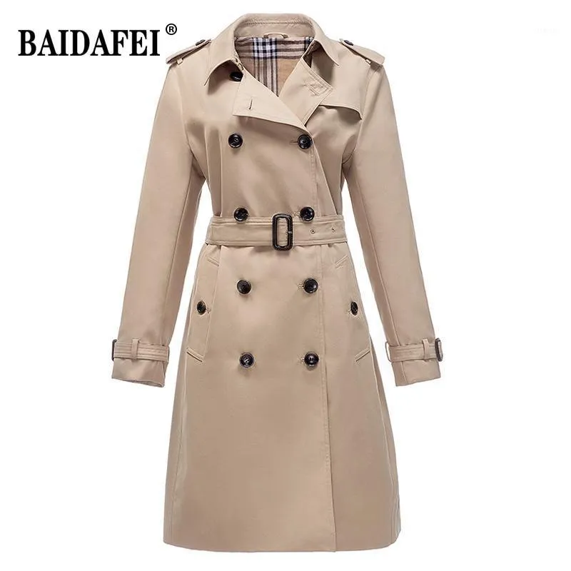 Women's Trench Coats Top Quality Designer Women Clothes 3/4 Length Double-Breasted Coat With Belt Classic Khaki Casual