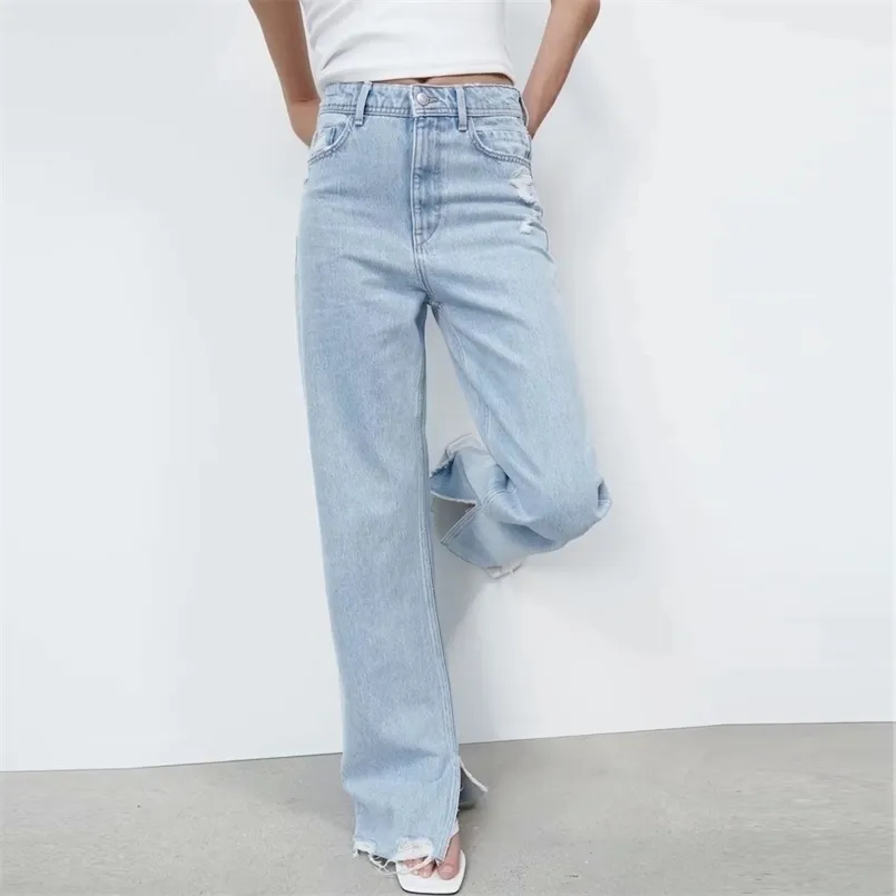 ZA Damen Boyfriend-Jeans mit geradem Stretch-Anteil, gewaschen, in voller Länge, hohe Taille, weit geschnittene Denim-Hose, Tasche, Baggy-Schlitz-Hose 210809