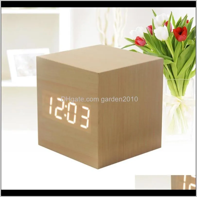 creative led alarm clock wooden square clock multi-function digital alarm for home school (bamboo wood white character,