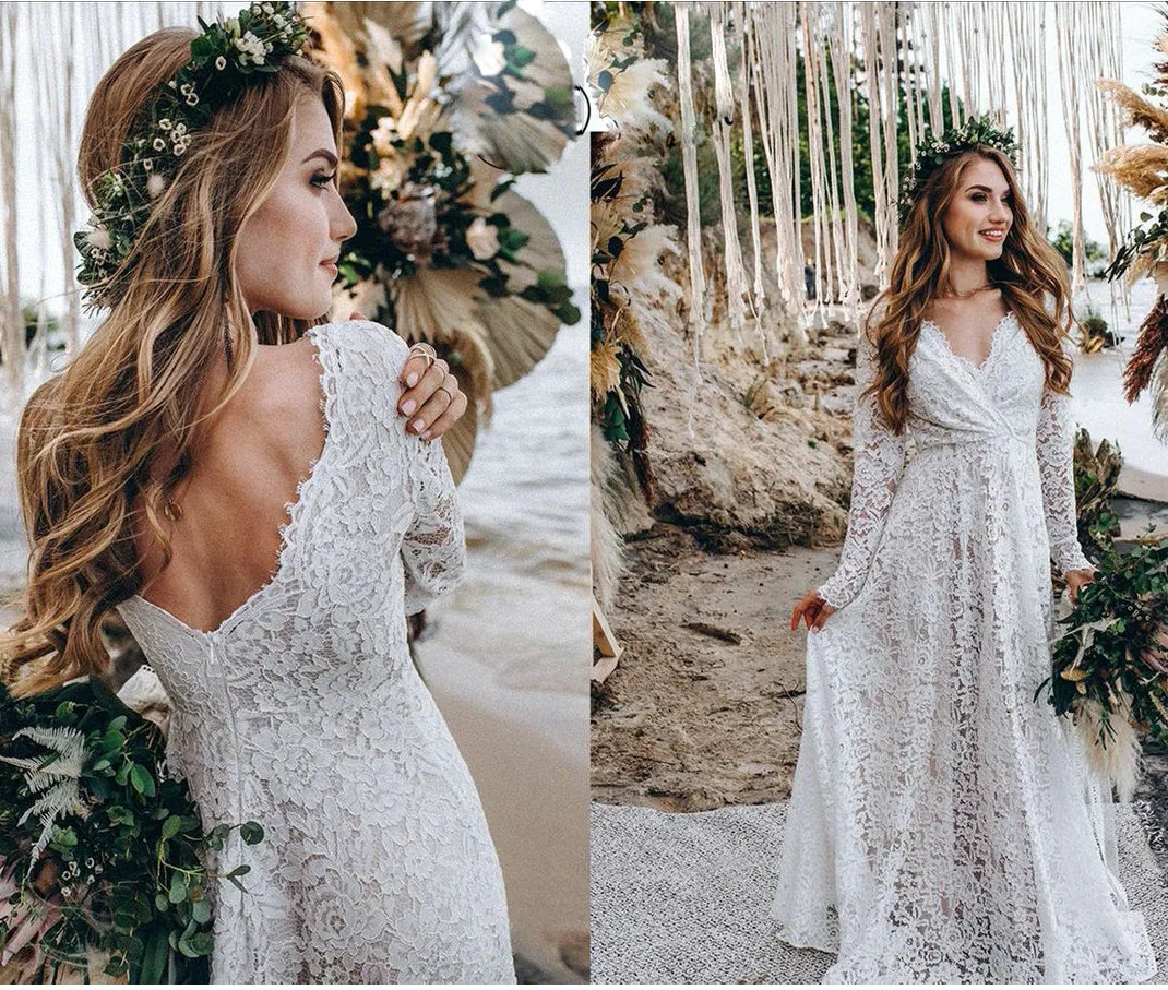 Летнее пляжное кружевное свадебное платье 2023 для невесты V-образное обработка длинных рукавов Boho свадебные платья.