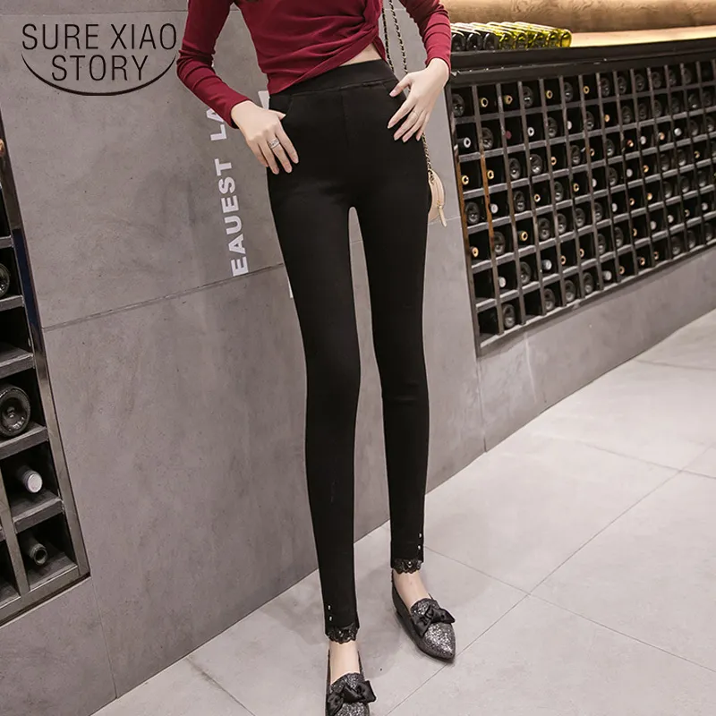 Pencil Stretch Outwear Autumn Women Pants Elastic High Waist Plus Size Female Trousers Lace Streetwear 7358 50 210417
