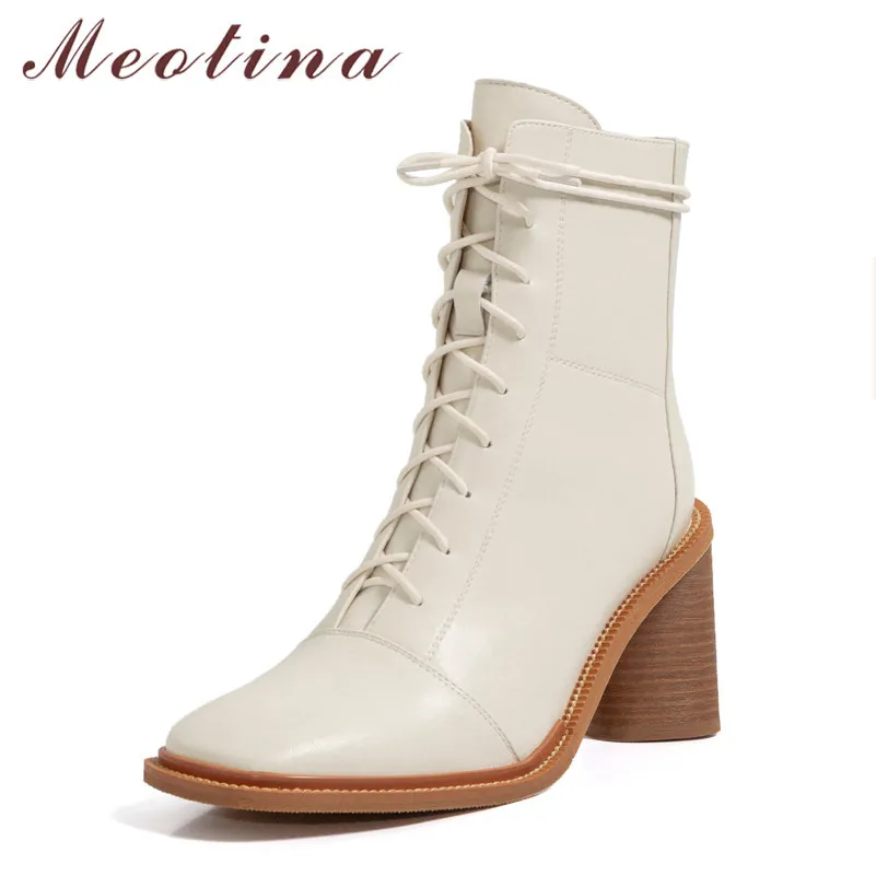 Meotina bottes courtes femmes chaussures en cuir véritable Super haut talon dames bottes bout carré fermeture éclair à lacets talons épais bottines noir 210520