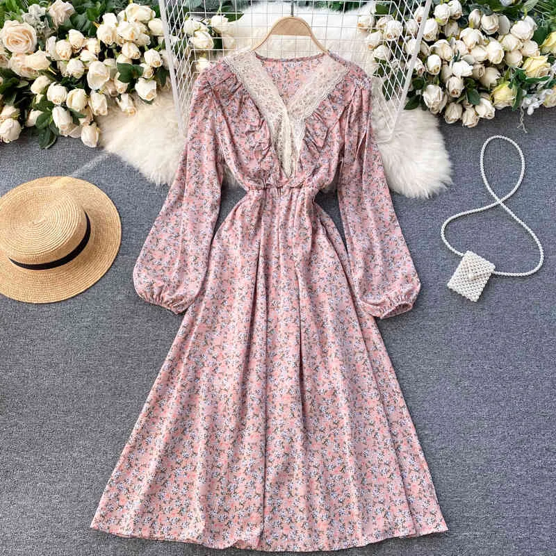 Singreiny Dames Lente Floral Jurk Frans Sweet Lace V-hals Puff Sleeve Aline Jurk Boheemse Print Vakantie Midi Lange Jurken 210419