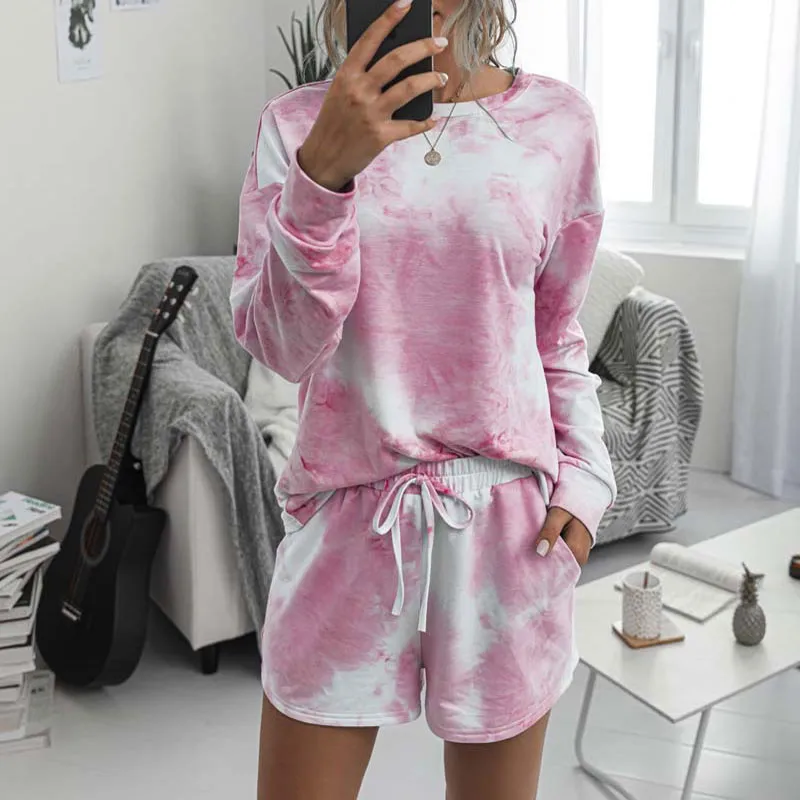 2021 Tie Dye Pajama Set Women Loungewear Pajamas Plus Size Lounge Wear Homewear Pjs Women Sleepwear Home Suit Ladies X0526