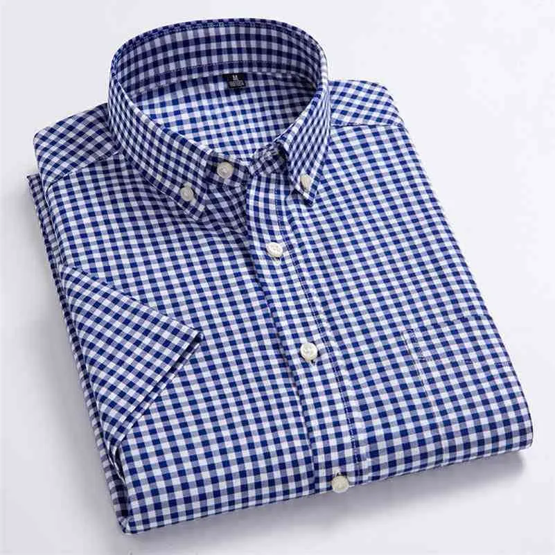 Högkvalitativa män Oxford Casual Shirts Fritidsdesign Plaid Mäns Sociala Skjortor 100% Bomull Kortärmad Mäns Klänning SHIRTS 210705