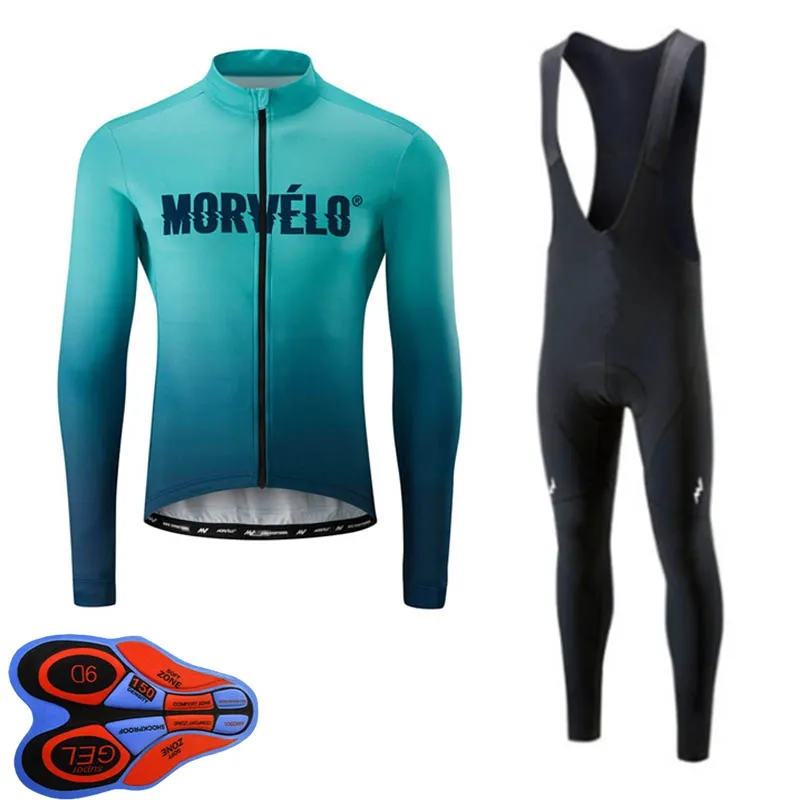 2021 Morvelo Team Men Cykla Långärmade Jersey Bib Byxor Ställer Fabrik Direktförsäljning Höst MTB Bike Outfits Cykel Kläder Sport Uniform Y21052506