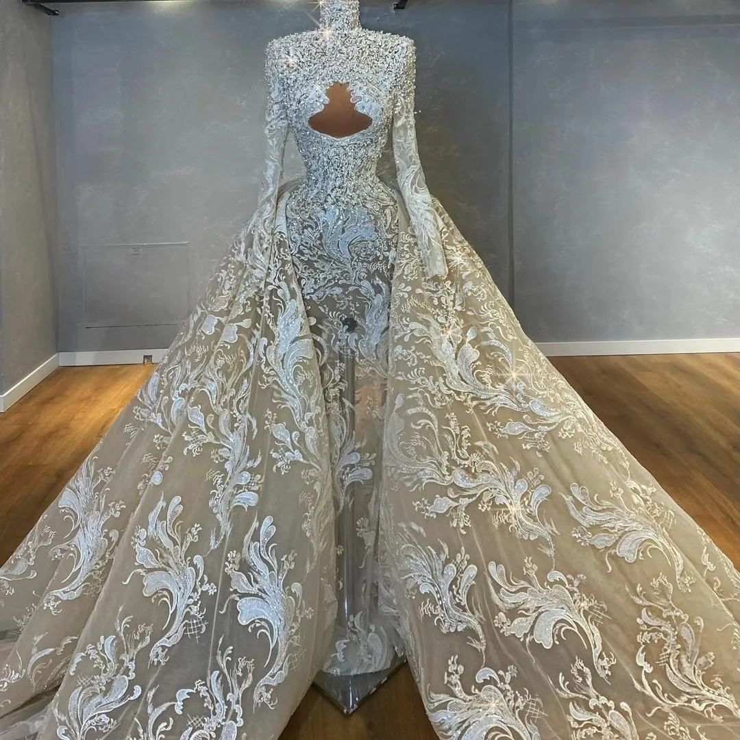 Black High Neck Beaded Cut Out Long Sleeves Court Train Mermaid Wedding Dress