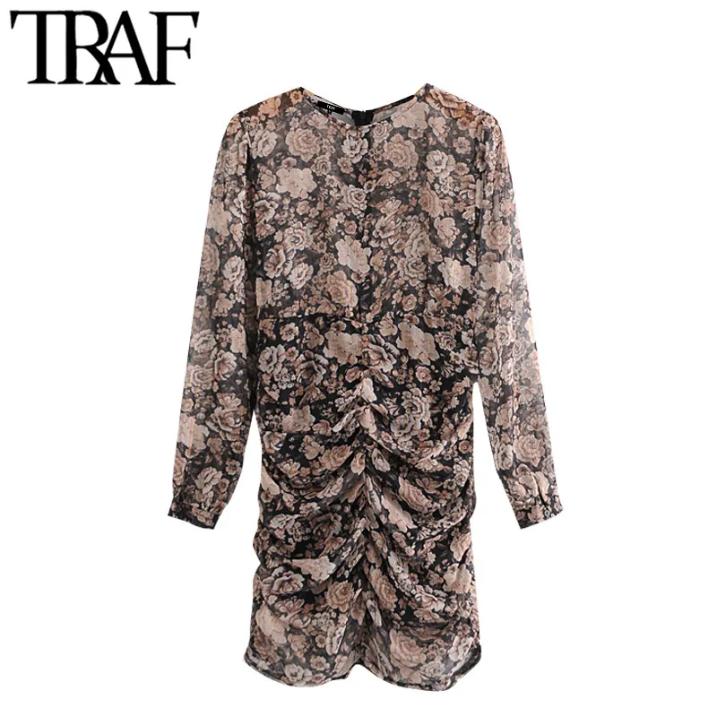 TRAF Women Fashion Metallic Thread Floral Print Pleated Mini Dress Vintage Long Sleeve With Lining Female Dresses Mujer 210415