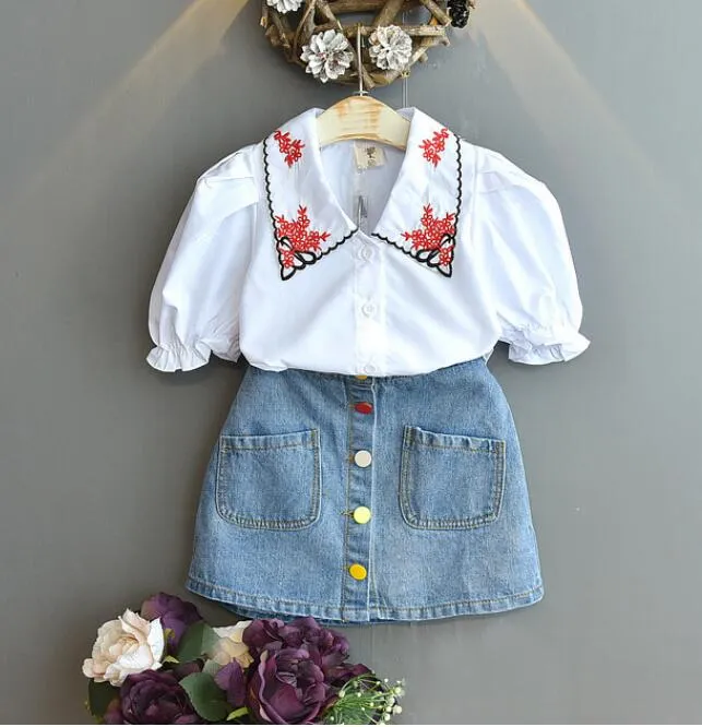 Summer Girl Clothing Sets Princess Sleeve Top + Denim Short Skirt Two-Piece Suit Children Baby Kids Clothes