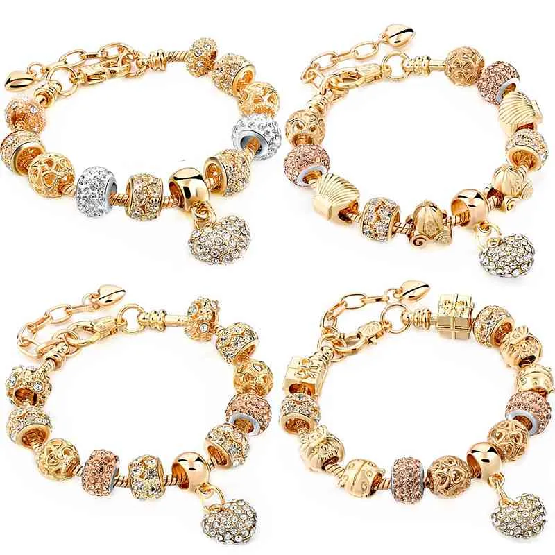 KC Gold Beads Pandora Original Diy Inlay Rhinestone Fashion Bracelet For Women 3D Heart Pendant Jewelry Party Gifts Bracelets