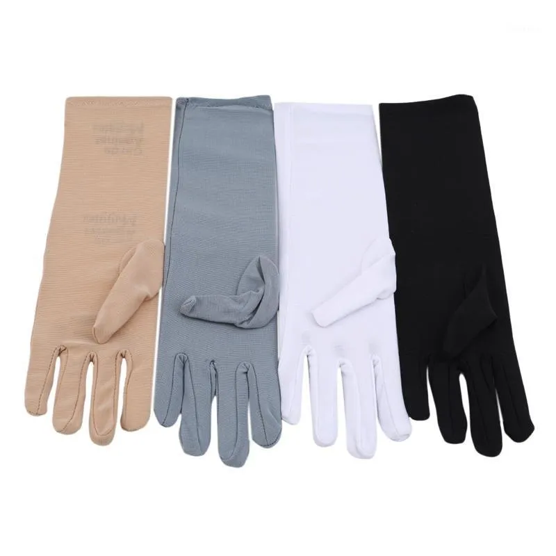 Vijf vingers handschoenen Summer Lady Spandex Medium-lange zonnebrandcrème geborduurde vrouwelijke dunne elastische etiquette rijdende vijand vrouwen luvas