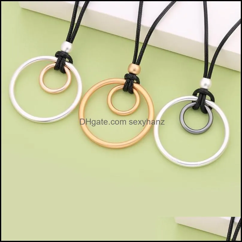 80cm Black Leather Rope Chain Long Necklace Double Circles Pendant Fashion Jewelry for Women Christmas Party Gift Sweater Chain