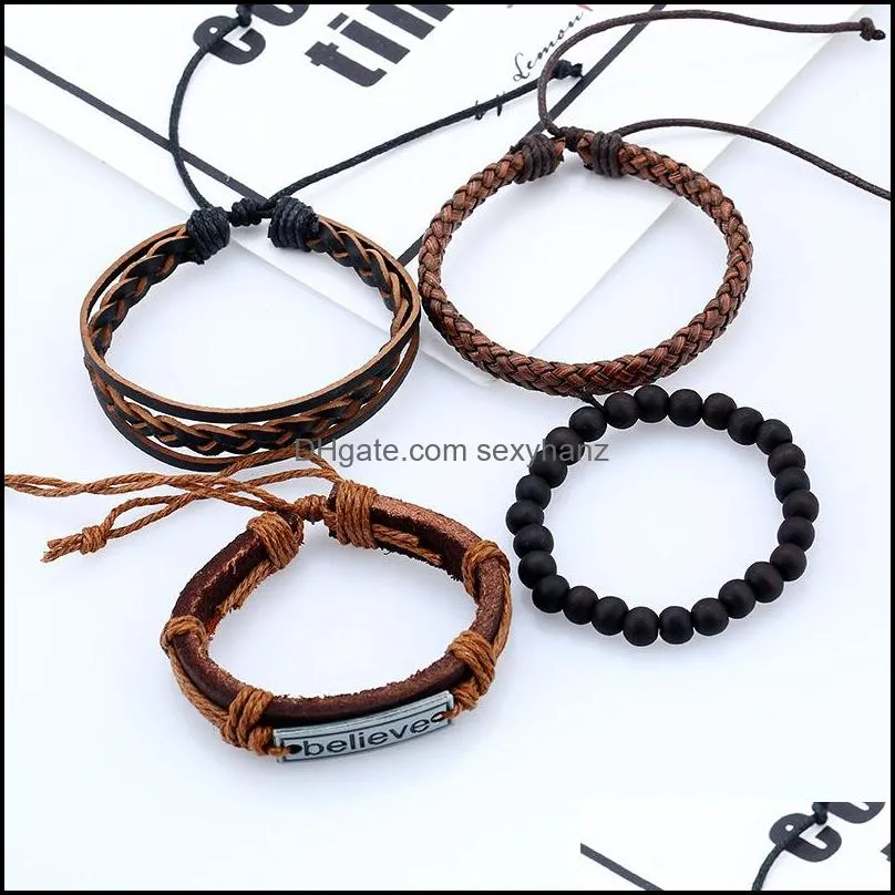 Retro personality cowhide bracelet 4pcs/set Jewelry believe suit men`s cowhide bracelet retro woven DIY leather bracelet