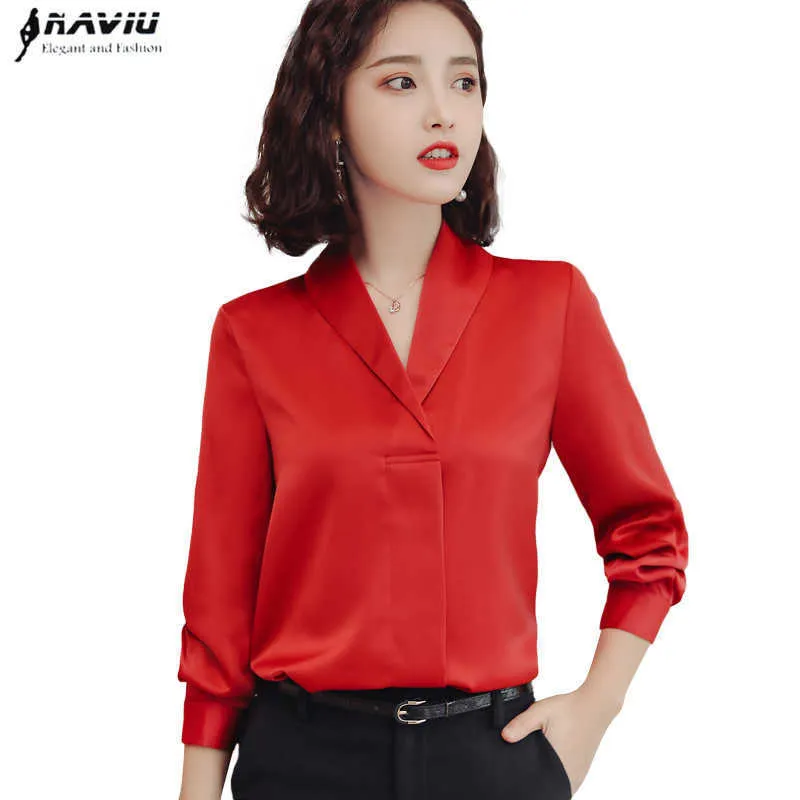 Мода женская красная рубашка с длинным рукавом формальный темперамент V шеи сатин блузки офисные дамы плюс размер работы 210604