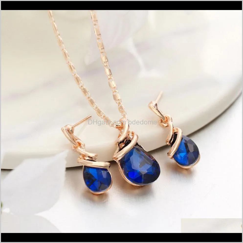 earring necklace jewelry sets 3 color crystal water-drop shape pendant alloy accessory gold plated metal chain