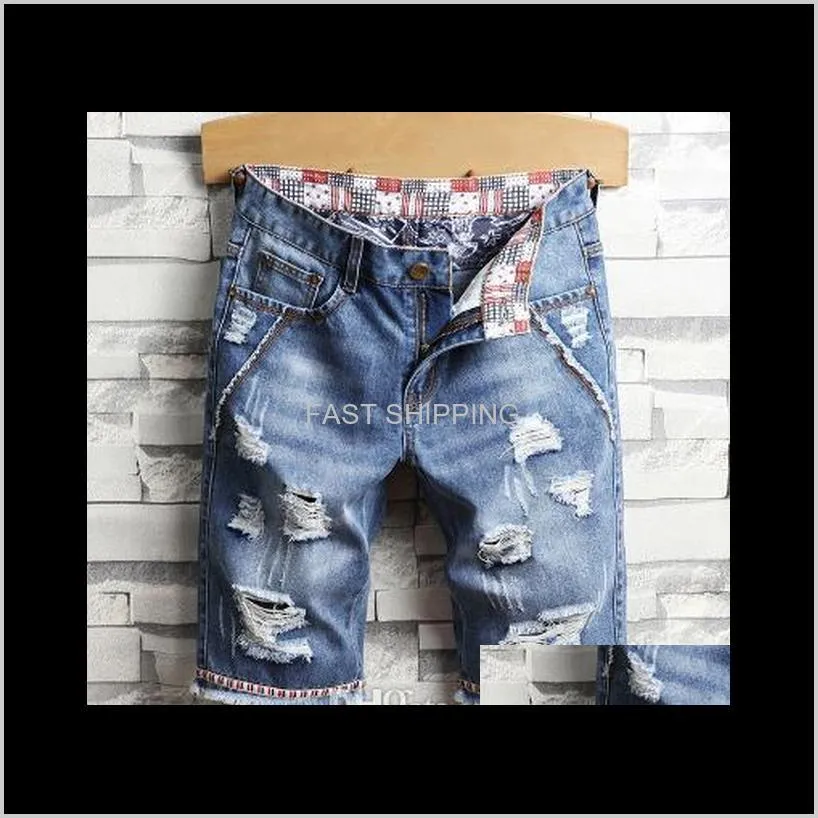 mens 2019 new fashion short jeans straight hole street pants vintage knee length male summer jeans