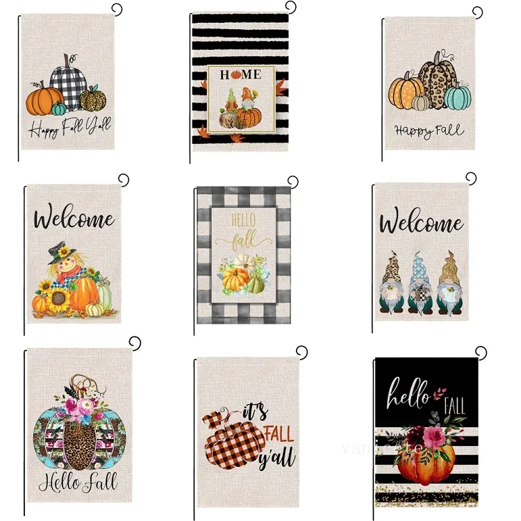 47 * 32cm Thanksgiving Banner Flaggor Linne Höst Garden Flag Hello Fall Dubbelsidig Mönster 27 Stil T2i52669