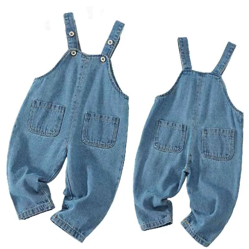 Barn Lösa Overaller Pojkar Flickor Casual All-Match Denim Trousers Höst Solid Outwear 1-3Y Kids Fashion Bib Pants 210417