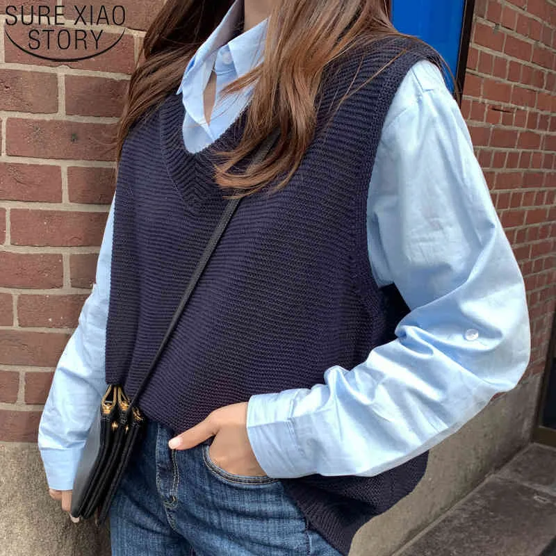 Vår Höst Preppy Style Ärmlös V Neck Strikkad Vest Vinter Kläder Kvinnor Toppar Sweater 10974 210417