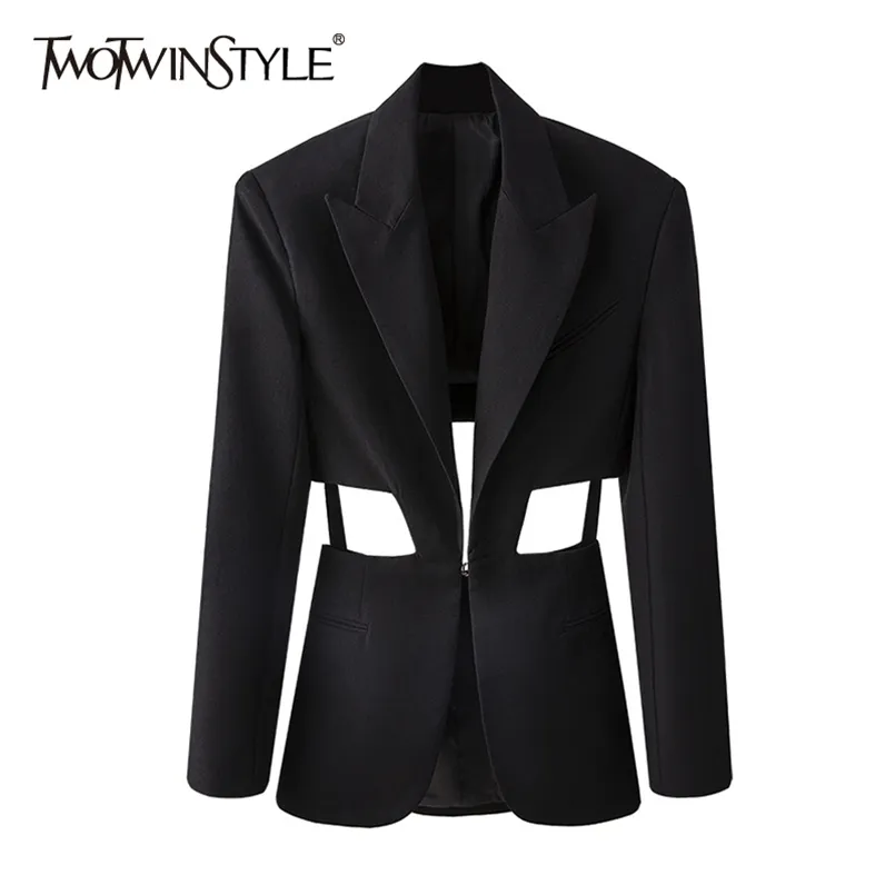 Hollow Out Blazer negro para mujeres con muescas de manga larga Casual Sexy High Street Blazers Moda femenina Primavera 210524