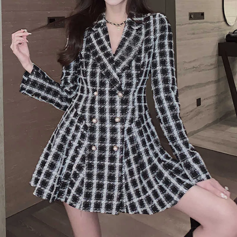Blazer платье короткий длинный рукавый клетчатый костюм французские сексуальные женщины тонкий корейский зимняя леди повседневная офисная одежда 210604