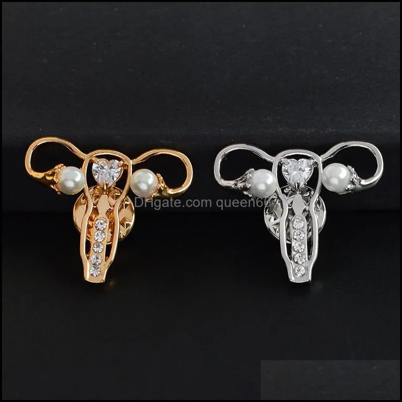 Golden silver uterus pearl special enamel cartoon brooch gift creative letter lapels denim badge pins woman