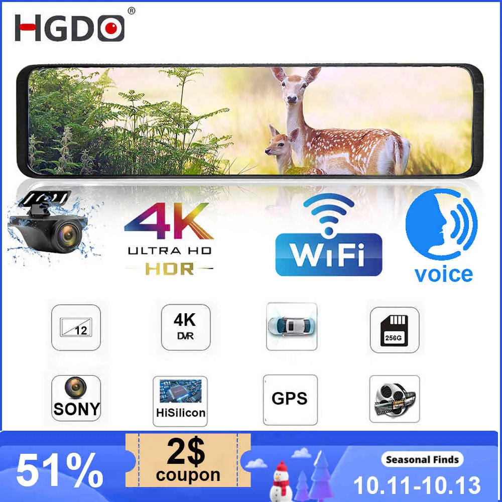 Araba DVR HGDO D566 12 "WIFI DVR 4 K 3840 * 2160 P Dash Cam Sony IMX415 Dikiz Aynası GPS Araba Kamera 1080P Video Kaydedici Registrar