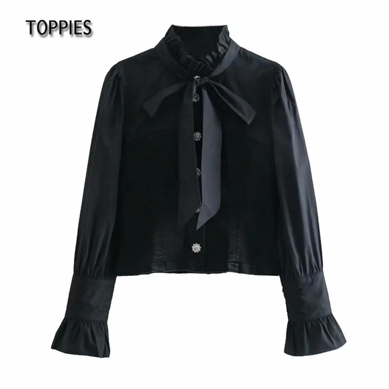 Vintage Black Denim T Shirts Långärmade Sweet Bow Tie Dam Toppar Diamond Button Fashion Streetwear 210421