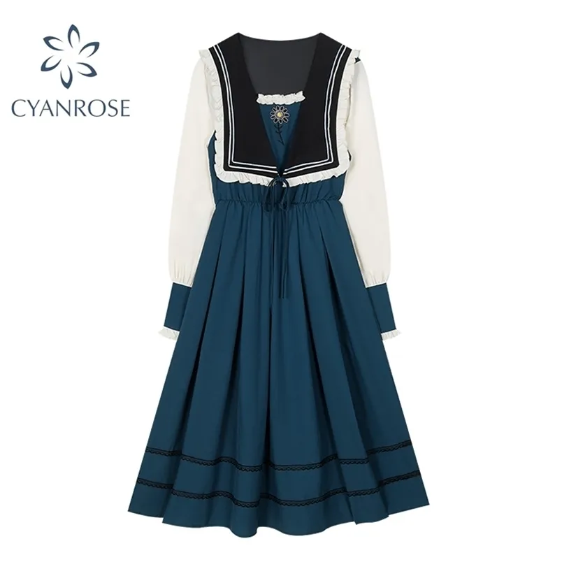 Lolita söt klänning kvinnor japansk preppy stil student vintage långärmad klänningar Sailor Collar Ruffle design draped vestidos 210515