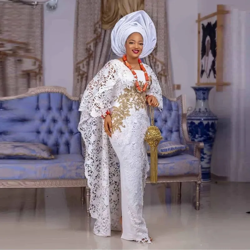 Plus Size White Lace Mermaid Nigerian Evening Dresses With Gold