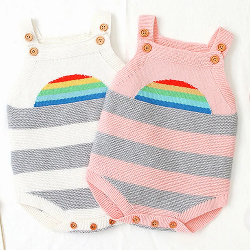 Baby meisje bodysuits mouwloze streep strap vest jumpsuit katoen baby gebreide trui geboren kleding lente 210429