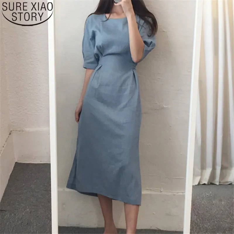 Office Lady Cotton Linen Vintage Blue Dress Donna Elegante allentato Casual Solid Chic Abiti lunghi per il tempo libero 10268 210417