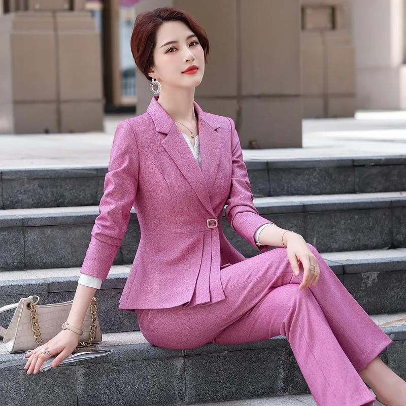 Women's Two Piece Pants Women Elegant Formal Ruffle Pant Suit Biggest Size  5XL 2 Set Fashion Pink Black Gray OL Ladies Jacket Blazer With Tr