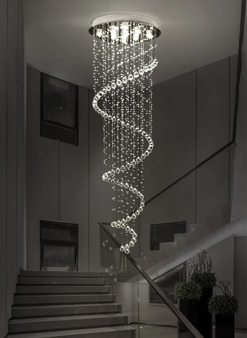 Lámpara de araña de cristal LED moderna, lámparas colgantes de escalera en espiral para el Hall Stairs224O