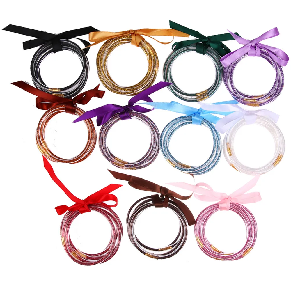 5 PCS/Set Bowknot Glitter Bangles Set Party All Weather Stack Silicone Plastic GlitterS Jelly Bracelet ZWL645