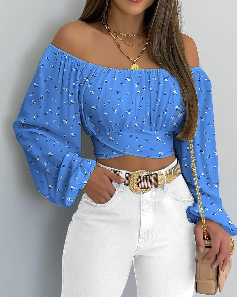 Dames Blouses Shirts Herfst Vrouwen Daisy Print Crossed Tied Back Crop Top 2022 Femme Casual Off Shoulder Ruched Lantern Sleeve Blouse Y2K