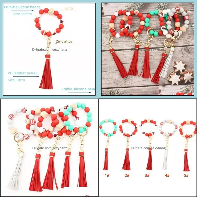 Silicone Bead Bracelets Beech Tassel Key Chain Pendant Wooden Bead Bracelet Women`s Jewelry Party Favor GWA10356