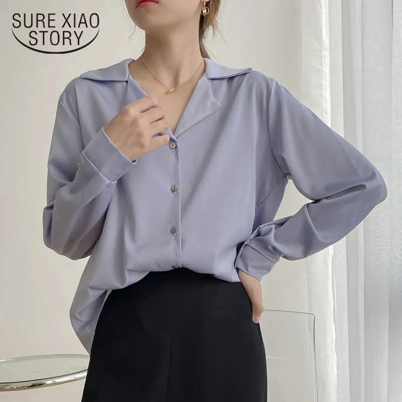 Camicia da donna a maniche lunghe in stile Office Lady allentata coreana Abito autunnale Colletto con risvolto Top bianco vintage Moda femminile Chic 11092 210527