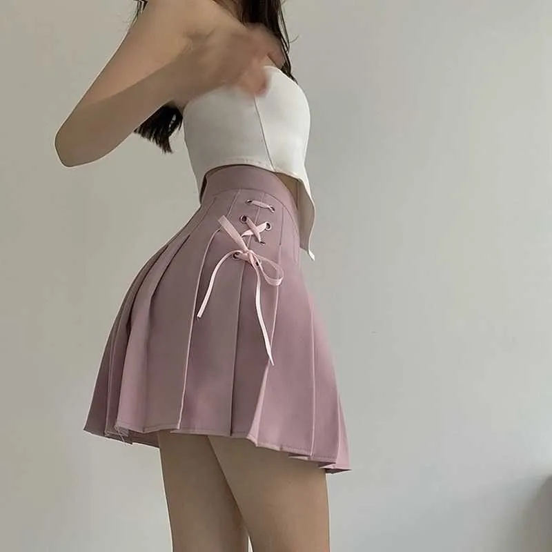 Sexy roze boog bandage geplooide rokken vrouwen mini mode preppy stijl zoete zomer hoge taille faldas mujer zwart wit wild 210610