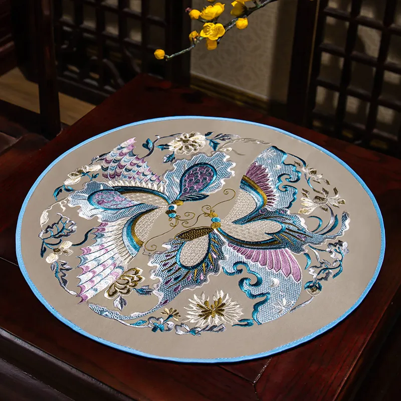 Custom Fine Embroidery Butterfly Round Placemat Table Decor Vase Mat Non-slip Luxury Silk Satin Tray Bowl Plate Insulate Pads