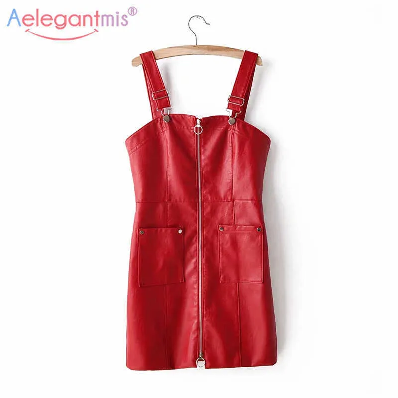 Aelegantmis Cool Slim Automne PU Robe En Cuir Femmes Sexy Mini Salopette Femme Moulante Slip Club Party 210607