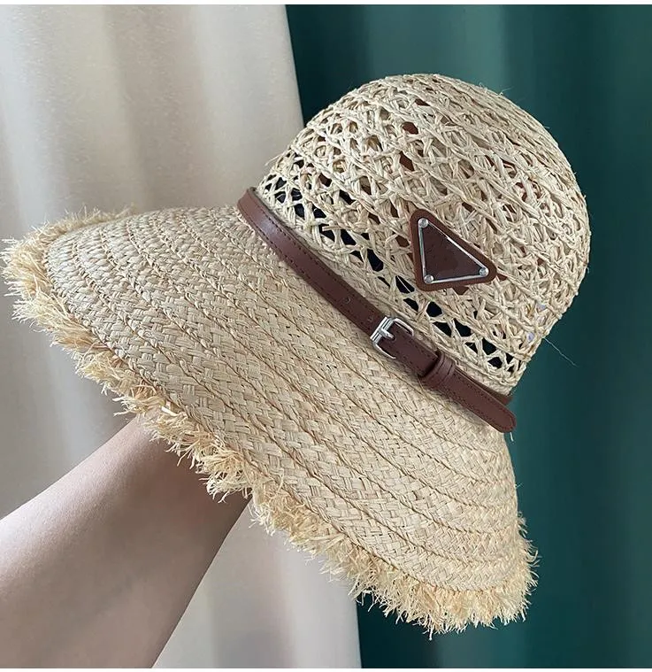 Fashion Straw Bucket Hat Sun Cap for Women Designer Fisherman Caps with belt Beanie Casquettes fishing buckets hats patchwork High Quality summer Visor