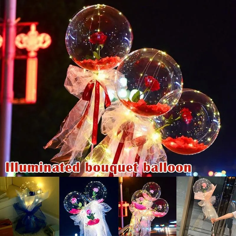 LED -ljus DIY Rose Flower Bobo Balloons Fairy Light med pinnar Transparent bukettballonger för festballongbröllopssemester