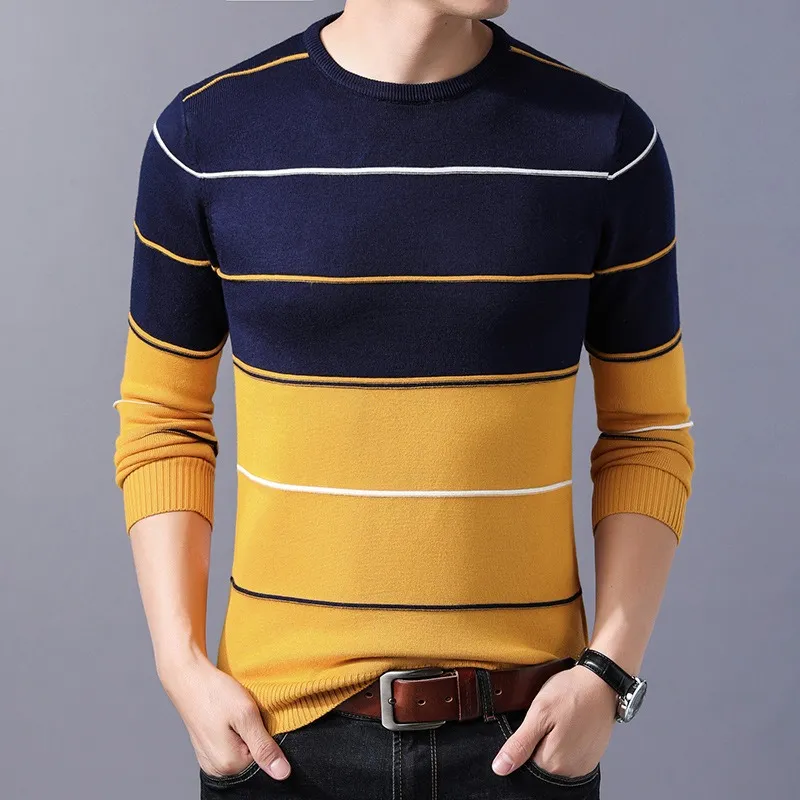 New Men's Autumn Winter Pullover Wool Slim Fit Knitted Warm Sweater Striped Man Brand Clothing Casual Pull Homme Plus Size XXXL