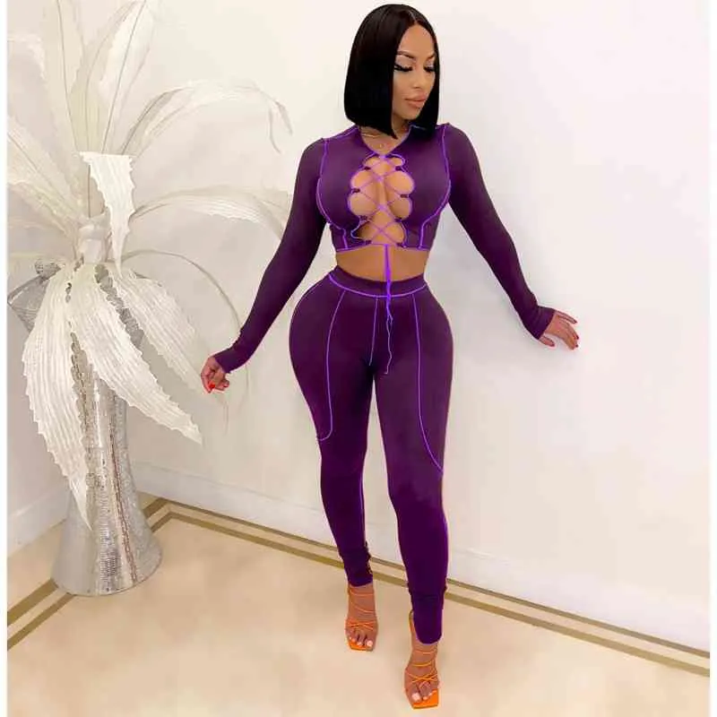 HAOYUAN Womens Bodycon Tracksuit Set Criss Cross Lace Up Crop Top