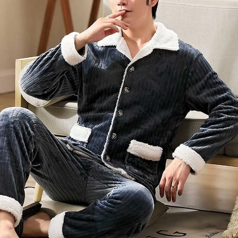 Warme nachtkleding heren flanel winter dikke pyjama mannelijke dikke lange mouw pijama casual herfst pyjama mannen koraal fleece slaap XXXL 210928