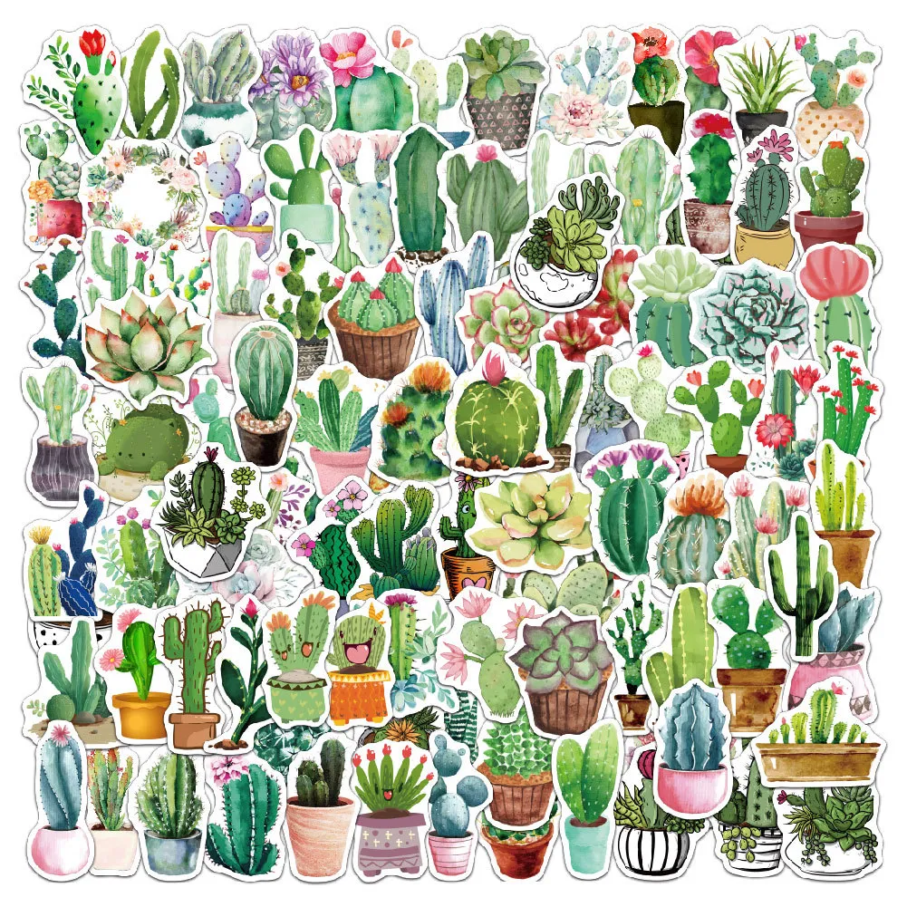 100 Pack No Repeats Green Cactus Plant Deco Stickers Färgutskrift Vattentät Adhesive Cartoon Sticker för bagage Case Notebook Cup Flaskor