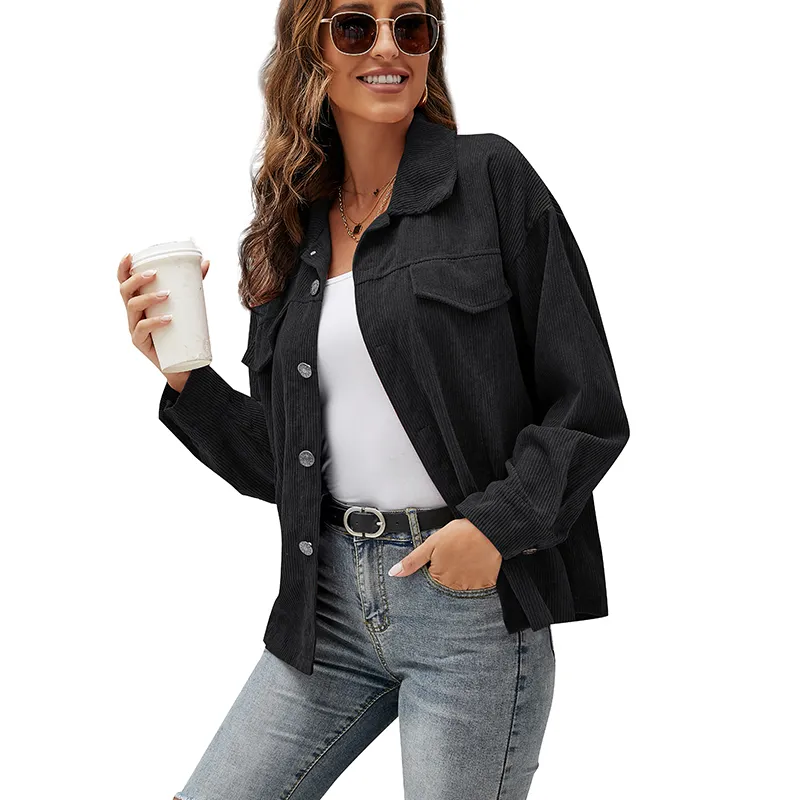 Spring Autumn Women Shirts Long Sleeve Button Down Casual Solid Color Ribbed Corduroy Jacket Blouse Tops